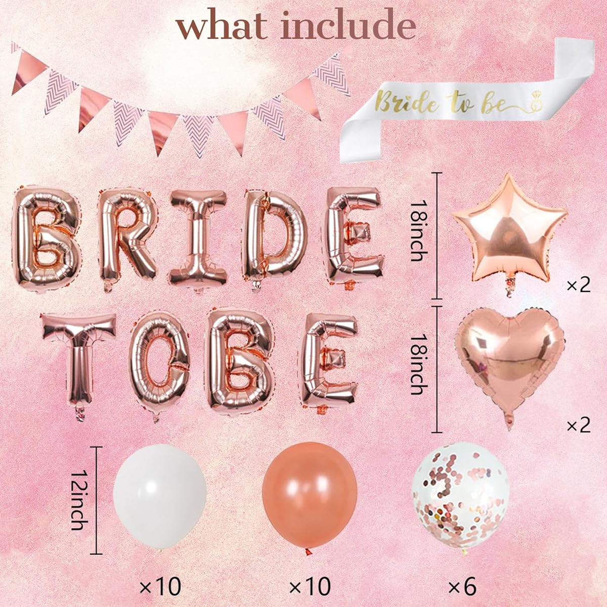 BINQOO Bride to Be Bachelorette Party Kit Rose Gold Banner Miss to Mrs Foil Balloons Bride to Be Sash White Confetti Balloons for Bridal Shower Engagement Wedding Party Decorations Set (Rose Gold)