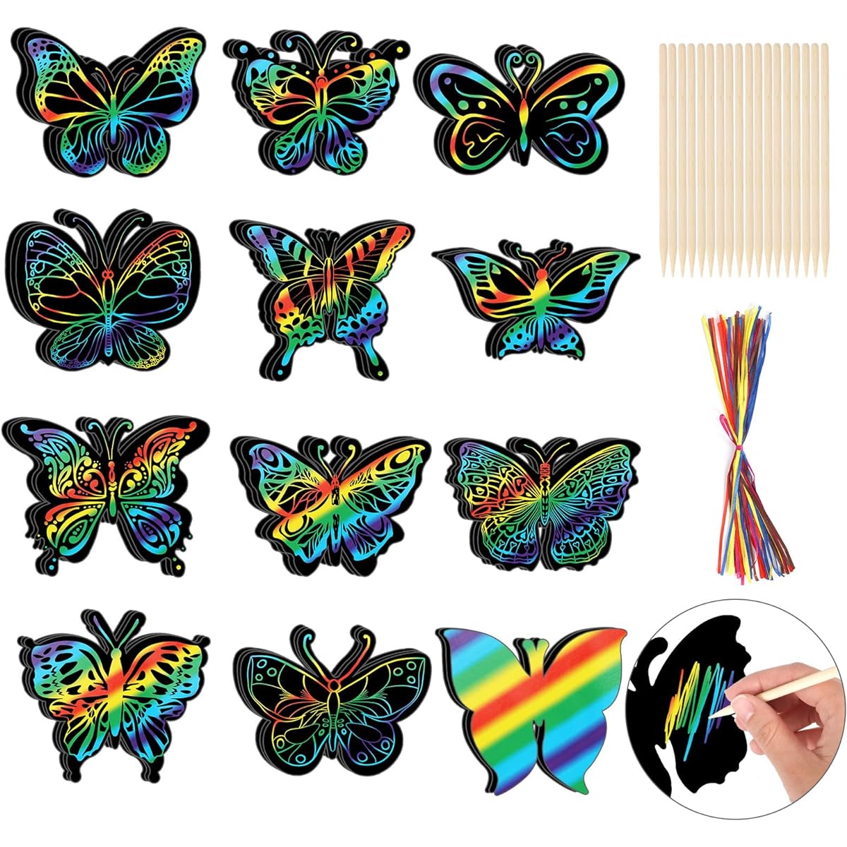 HOWAF Butterfly Scratch Cards, Butterfly Scratch Art Cards, Butterfly DIY Party Favors, Rainbow Magic Scratch Crafts for Girls Boys Classroom Games DIY Crafts Home Ornaments, 12 Styles