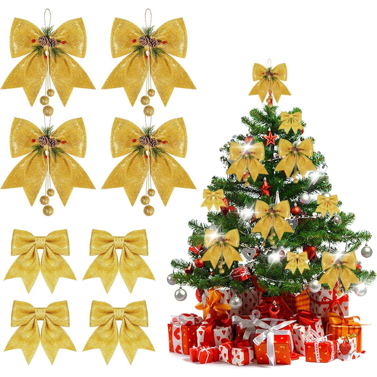 Souarts Large Christmas Glitter Ribbon Bow Glitter Red Yellow Silver Ribbon Decoration Christmas Tree Party Decoration Wreath Ornament Gift Packing Ribbon (Yellow Glitter)