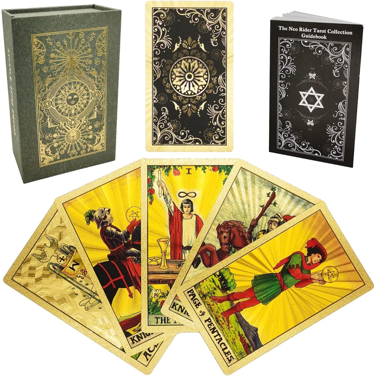 Smoostart 78 Tarot Cards with Guidebook, PVC Waterproof Wrinkle-Resistant Luxury Gold Foil Classic Tarot Card Deck with Exquisite Box (Gold Flower Pattern)