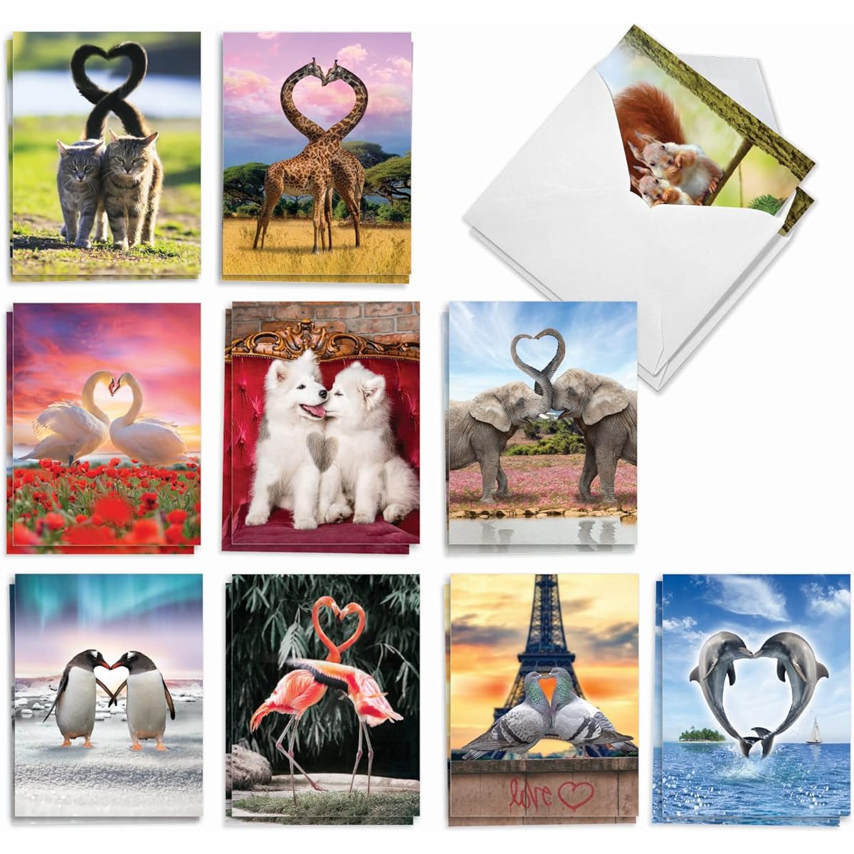 The Best Card Company Loving Animals - 20 Boxed Valentine's Day Note Cards with Envelopes (4 x 5.12 inches) - Heart-Shaped Wild Animals AM3504VDG-B2x10