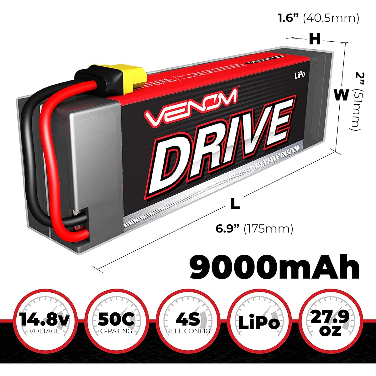 Venom RC Drive 14.8V 9000mAh 50C 4S Lipo: UNI 2.0 Plug