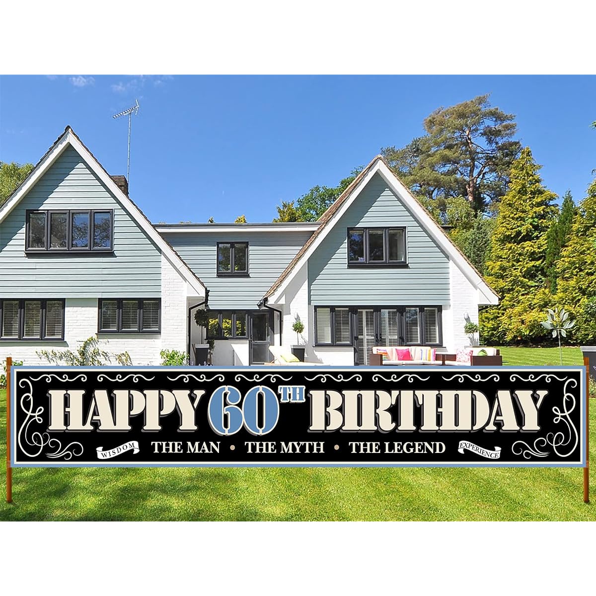 Extra Large Happy 60th Birthday Banner, Black 640th Birthday Party Sign for Man Father Grandfather, 60th Birthday/Anniversary Party Decorations Yard Signs Supplies (10 x 1.5 ft)