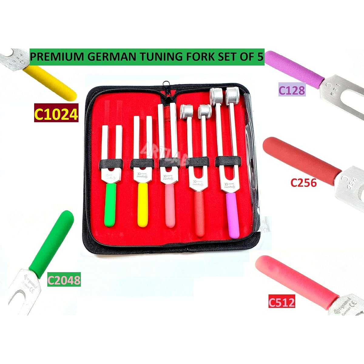 Premium Tuning Fork 5 Piece Set - Color C2048 + C1024 + C512 + C256 + C128 Medical Diagnostic Neurology (Name)