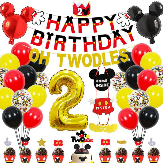 57pcs 2nd Mouse Birthday Party Supplies Decorations - Happy Birthday Banner, OH TWODLES Banner, '2' Foil Balloons, Hats, Door Sign, Cupcake Toppers, Birthday Decorations for Boys, Girls, Kids, Babies
