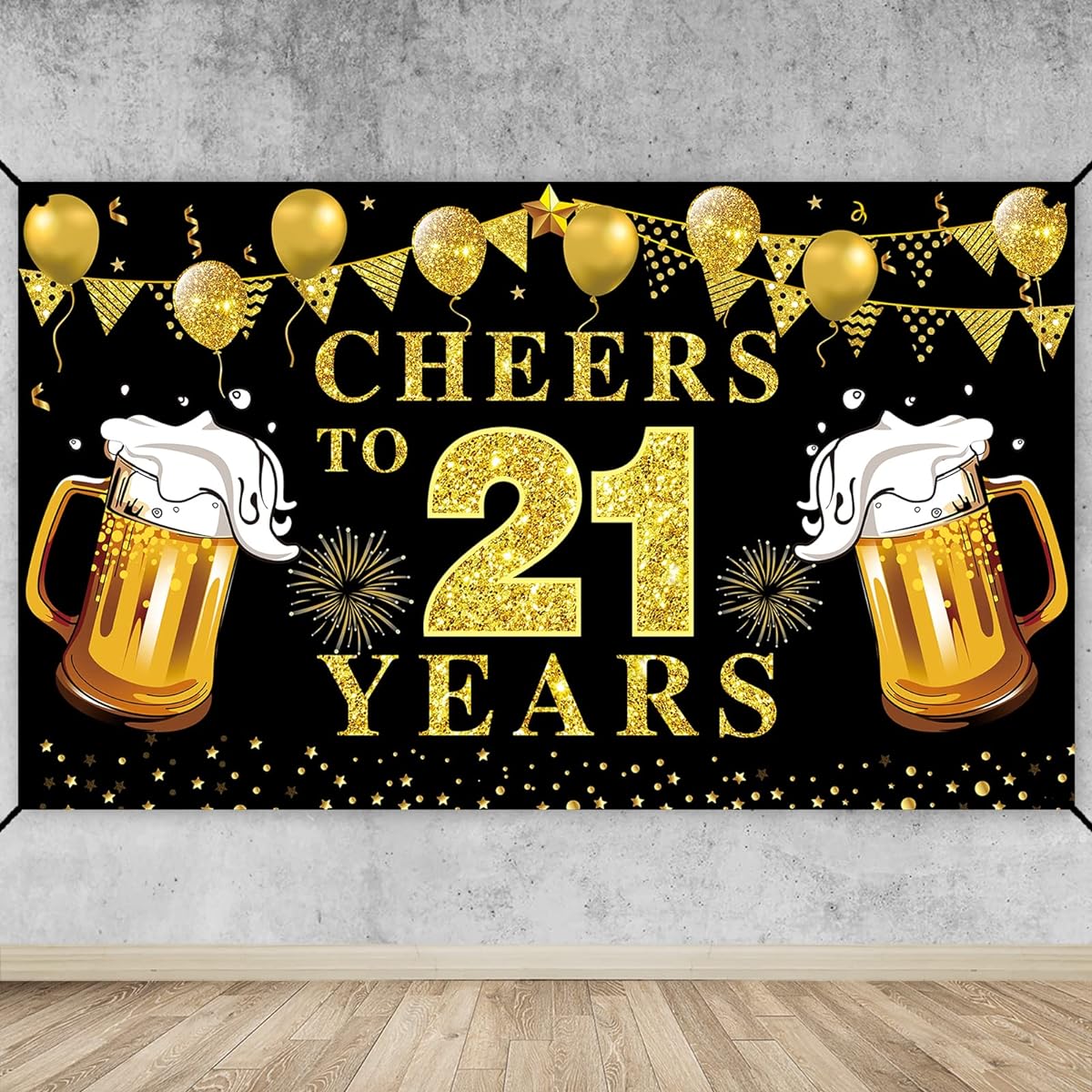 Lnlofen Happy 21st Birthday Banner Decoration Black Gold Cheers to 21 Backdrop Party Supplies 21st Anniversary Photo Booth Poster Sign Decoration (72.8 x 43.3 Inch)