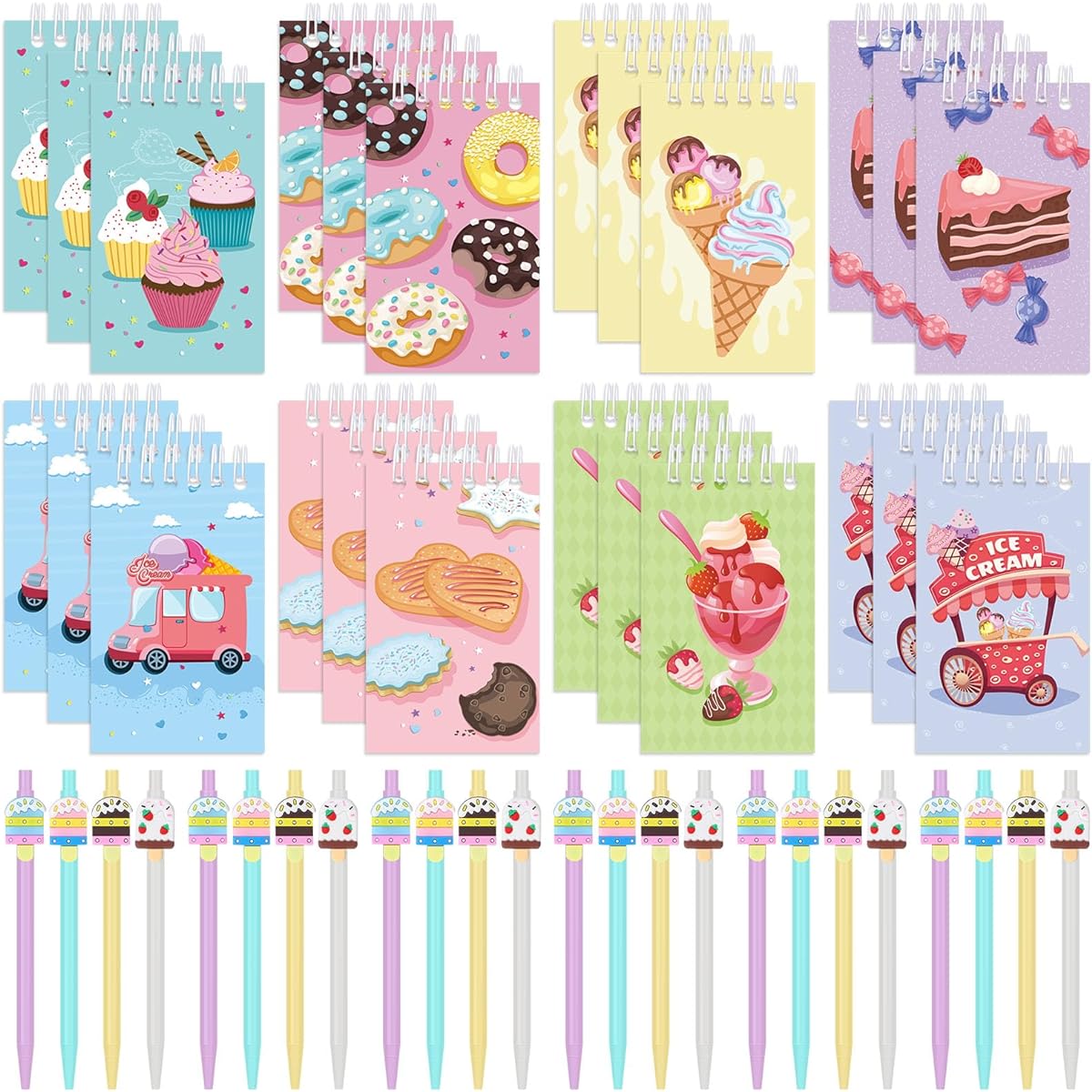 Fulmoon 48pcs Ice Cream Party Favors Mini Ice Cream Spiral Memo Pads with Summer Sweet Gel Cute Donut Pens Giveaway Pinata Bag Fillers Gifts for Kids Birthday School Teacher Classroom Reward Supplies