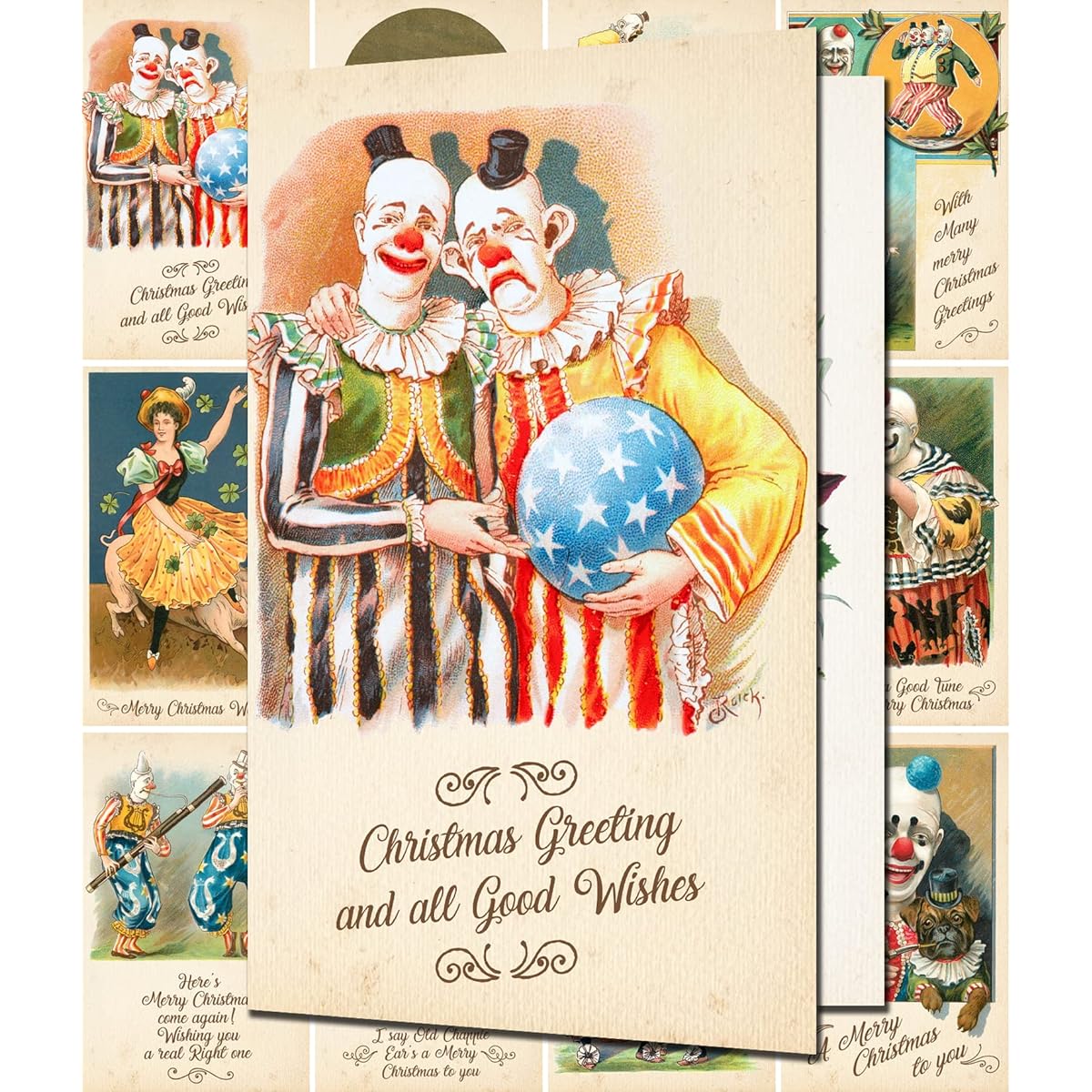 CIRCUS CHRISTMAS Greeting Cards Large 12 Cards ~ Vintage Clowns and Circus Wishing You a Merry Christmas ~ Vintage Christmas Postcards Reprint Edition