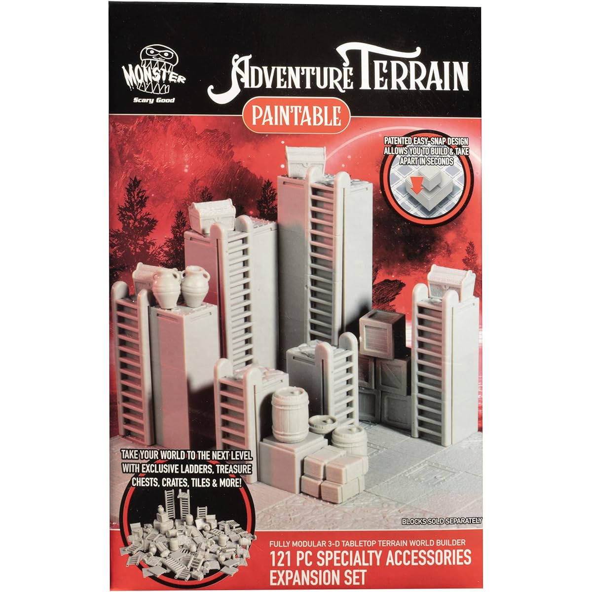 Monster Adventure Terrain - 121 Piece Paintable Specialty Accessories and Tile Expansion Set - Modular and Stackable 3D Tabletop World Builder Compatible with DND Dungeons Dragon, Pathfinder All RPG Games