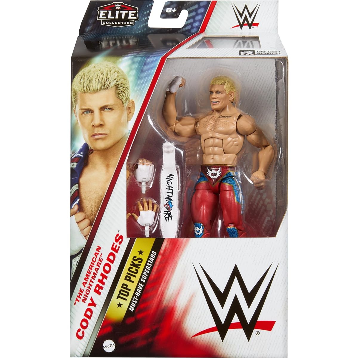 WWE Top Picks Elite Action Figure & Accessory Set "The American Nightmare" Cody Rhodes 6" Collectible Hands Ring Gear 25 Points of Articulation