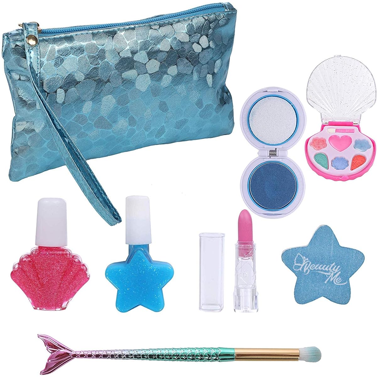 DRESS 2 PLAY Pretend Play Kids Makeup Mermaid Fairy Ocean Theme Cosmetics Set Blue Sea Pebbled Metallic Bag and Mermaid Tail Brush Set for Little Mermaid Girls Washable Non-Toxic