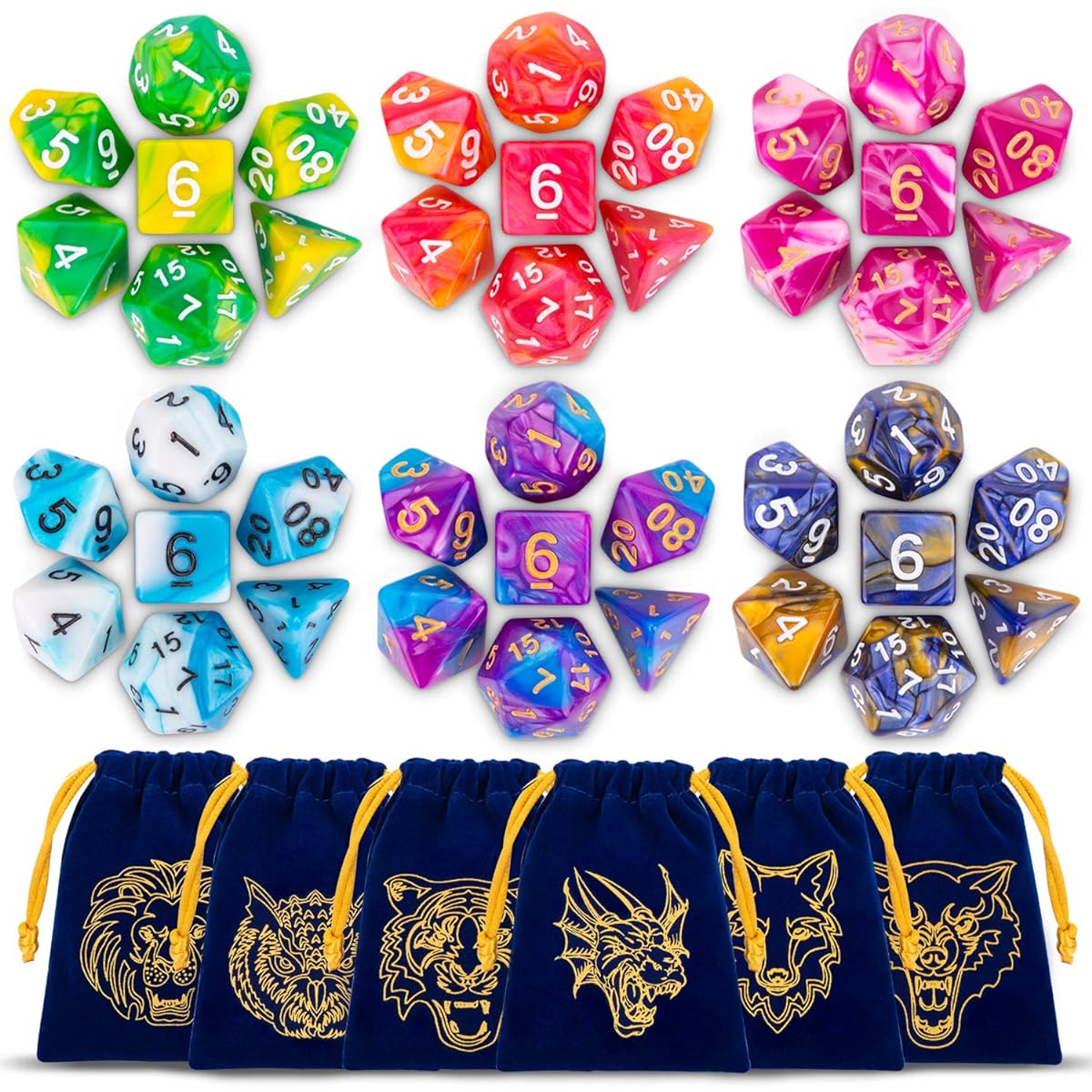 [Durable and Portable] The polyhedral dice game is made from durable and lightweight acrylic. Comes with 6 blue bags for easy storage and carrying.