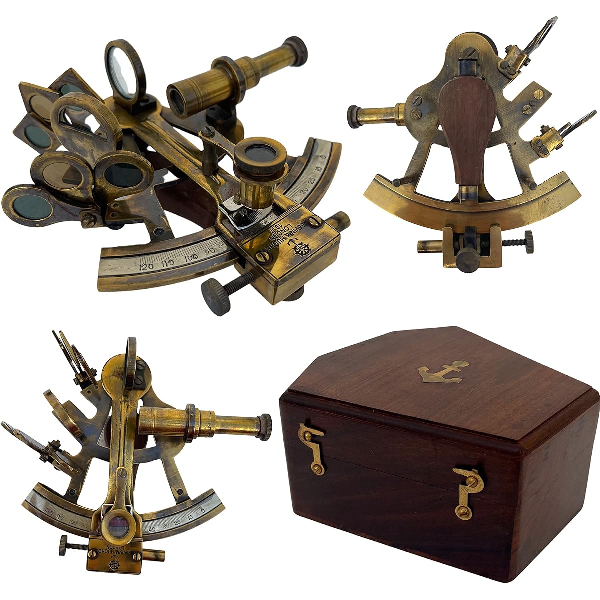 Medieval Replica Brass Sextant 4 Inch Antique Kelvin & Hughes London 1917 Handmade with Wooden Box Gift