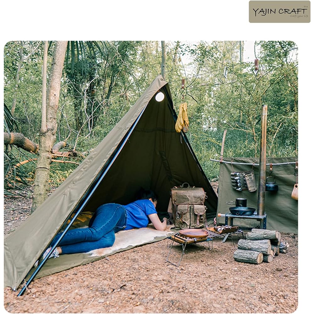 YAJIN CRAFT Military tent, one pole tent, polycotton material, solo tent, polycotton material, TC tent, with skirt, bifurcated, with chimney hole, double zipper