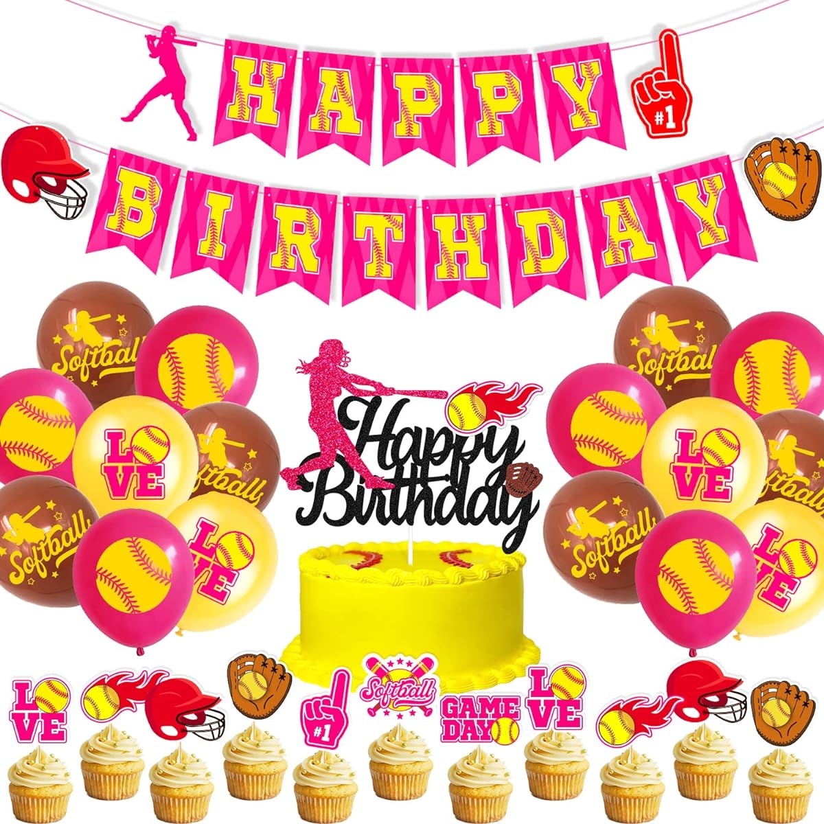 55pcs Softball Birthday Decorations Girls Baseball Happy Birthday Banner Cake Cupcake Toppers Balloon Fire Fastpitch Sports Player Birthday Party Supplies