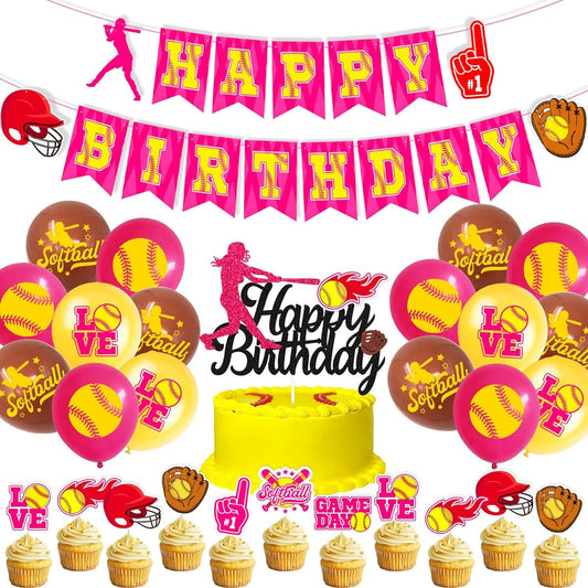 55pcs Softball Birthday Decorations Girls Baseball Happy Birthday Banner Cake Cupcake Toppers Balloon Fire Fastpitch Sports Player Birthday Party Supplies