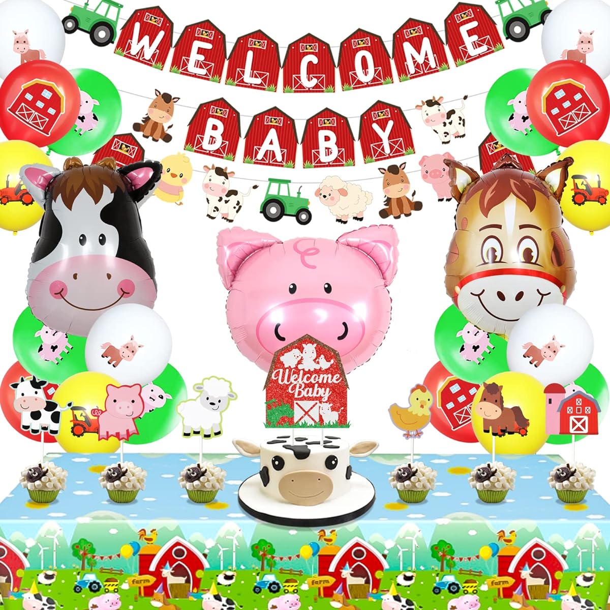 Farm Animals Baby Shower Decorations Girl Boy Red Yellow Balloons Farm Theme Welcome Baby Banner Garland Cake Topper Animal Foil Balloons Tablecloth Barn Farm Theme Baby Shower Gender Reveal Supplies