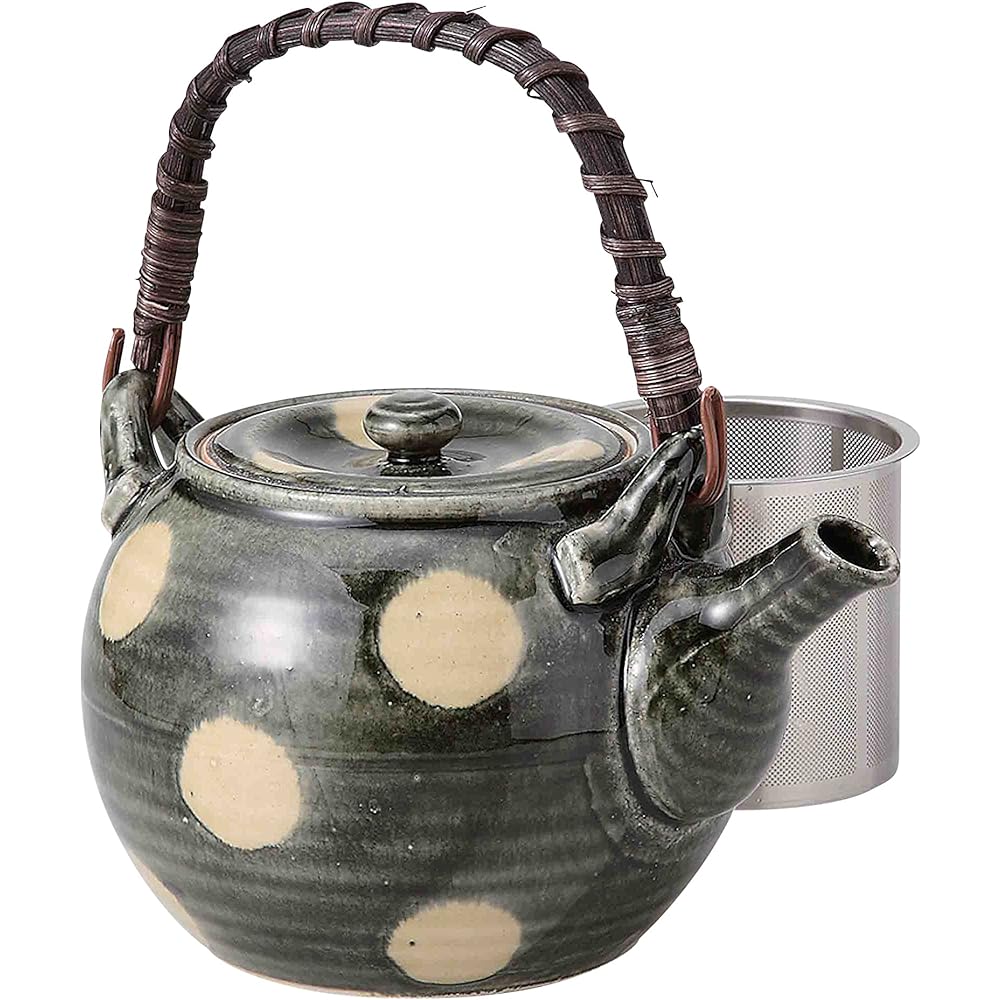 Hasami ware clay pot, green glaze, polka dot pattern, No. 5 (with super stainless steel tea strainer) 73614