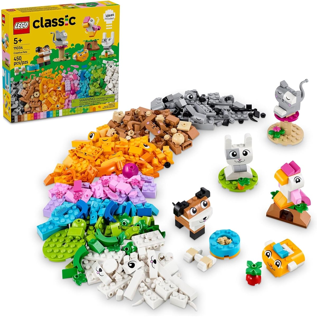 LEGO Classic Creative Pets Brick-Building Animal Toys for Kids - Dog, Cat, Rabbit, Hamster and Bird - Great Gift for Boys and Girls Ages 5+ - Great for Building Together 11034