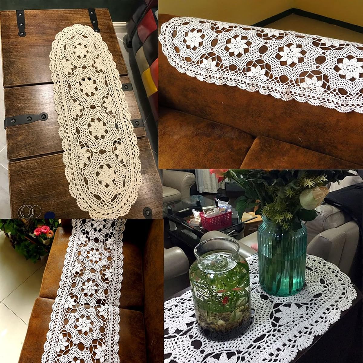 Kepswet Pretty Handmade Hollow Flower Table Runner Small Doily Lace Cotton Crochet Tablecloth Retro Knit Sofa Towel Beautiful Table Overlay Decor 12"x72", White