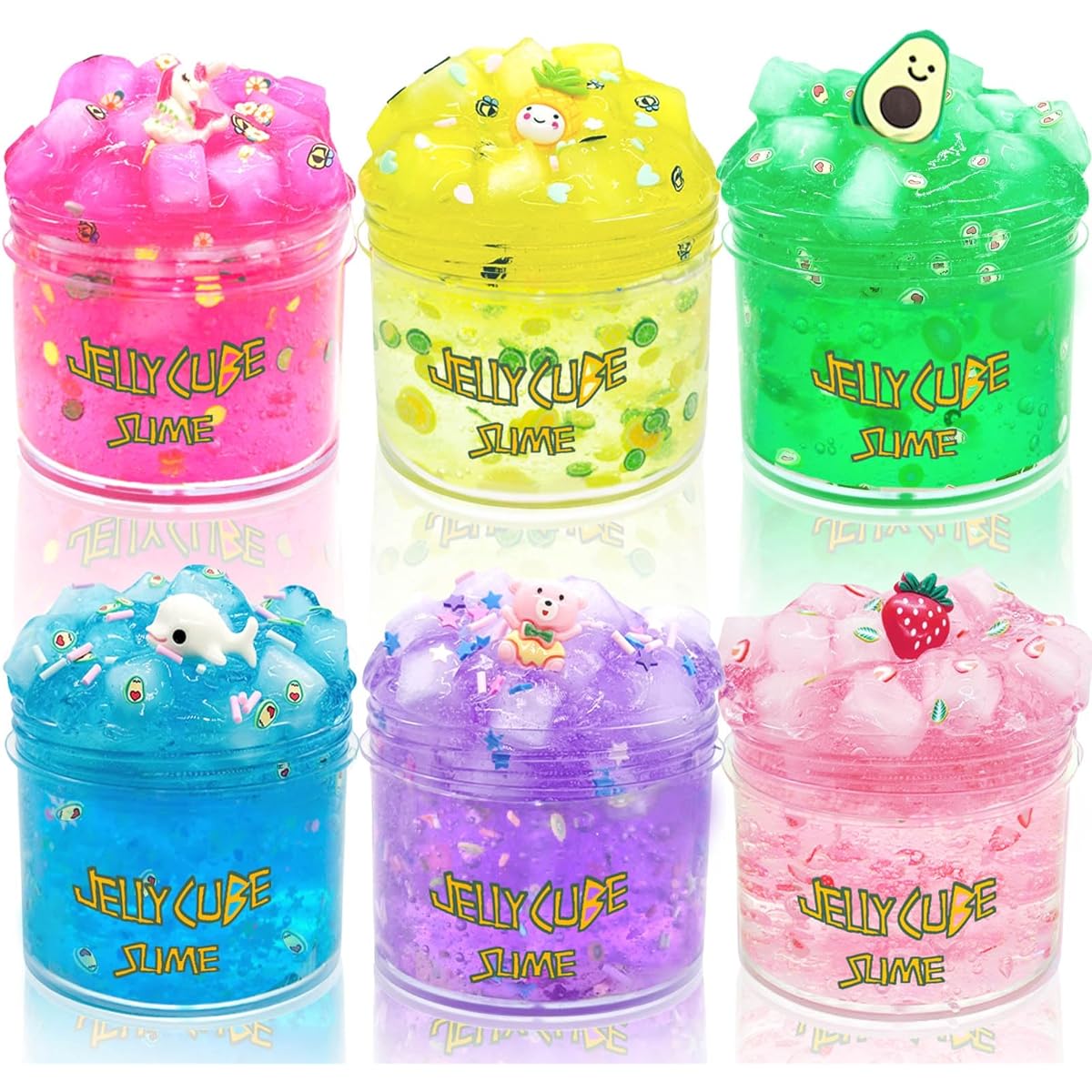 Jelly Cube Crunch Slime Kit - 6 Pack Clear Crunch Slime Super Soft Sludge Toy with Cute Charms Party Favors for Girls and Boys