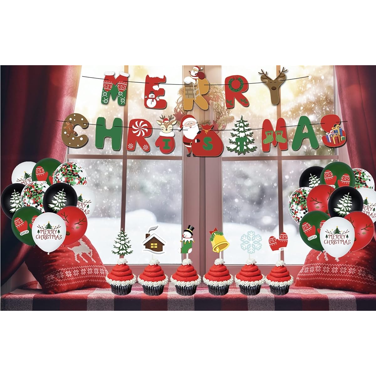 Christmas Birthday Party Supplies Decorations 52pcs Christmas Party Decorations Party Favors for Indoor Outdoor Kids Merry Christmas Banner Latex Balloons Birthday Cake Toppers Cupcake Toppers