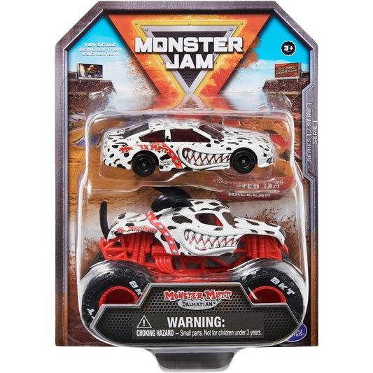 Official Monster Jam 1:64 Scale Die-Cast 2-Pack Monster Truck and Race Car: Monster Mute Dalmatian
