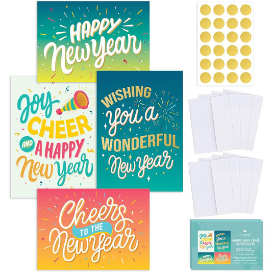 24 Happy New Year Cards - 4 Cards with Inside Messages - Winter Holiday Greeting Card Set with Envelopes