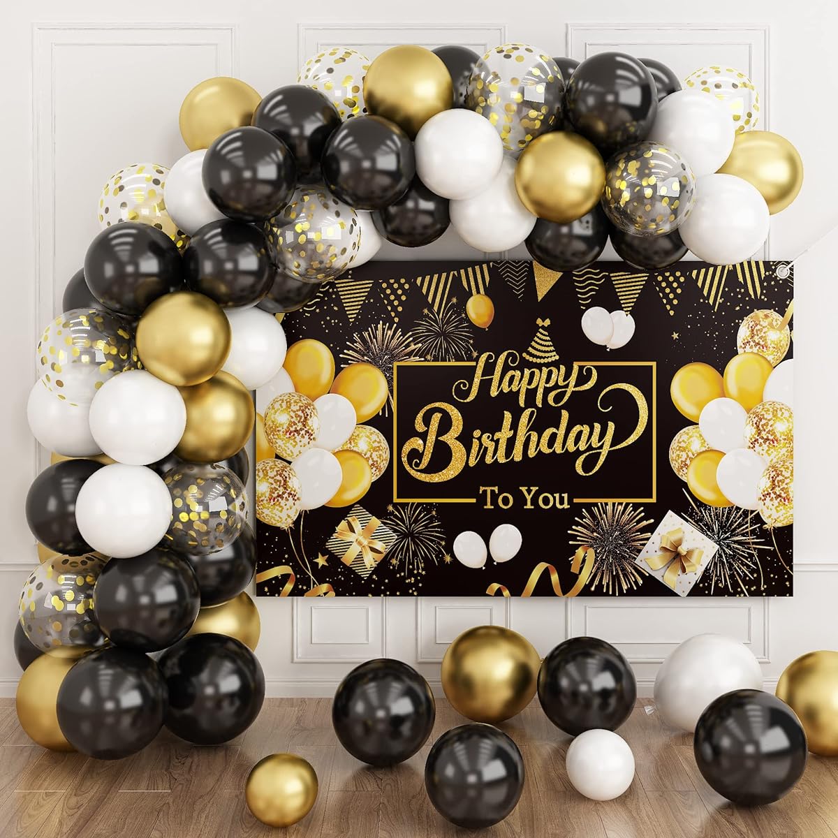 Black & Gold Men Birthday Party Decorations Gold Black White Balloon Garland Arch Kit Happy Birthday Banner Backdrop Birthday Party Supplies Decorations for Men Women Kids