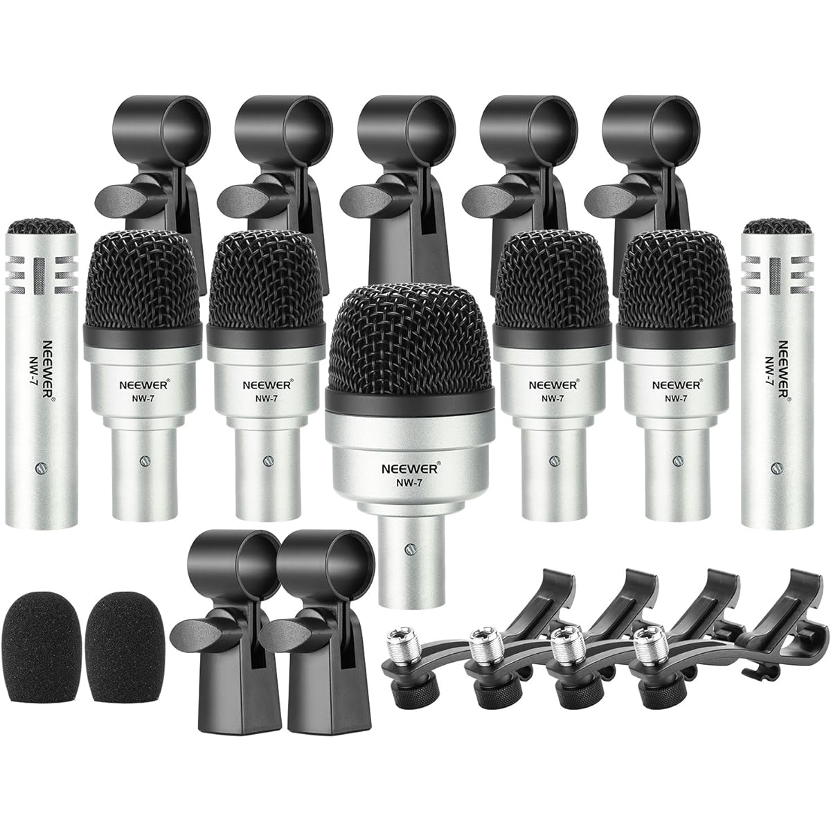 Neewer 7-Piece Wired Drum Instrument Microphone Kit, Bass Drum/Tabor/Condenser Microphone Set for Drums, Jazz Drums, Vocals and Other Instruments with Thread Clip, Foam Windscreen and Aluminum Case (NW-7)