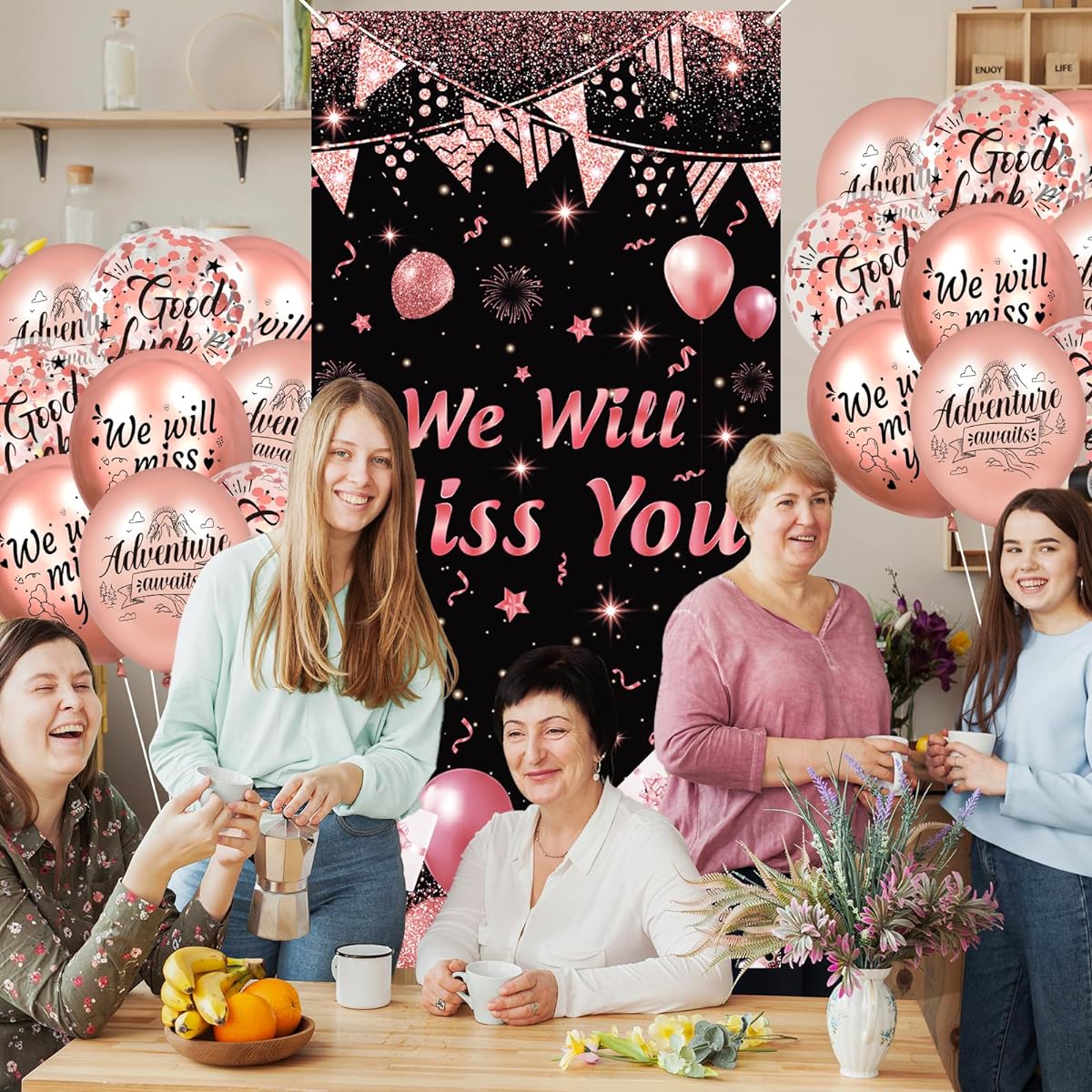 Rose Gold We Will Miss You Decorations Rose Gold We Will Miss You Door Cover Banner and 18 Pieces We Will Miss You Balloons for Women Girls Retirement Party Colleagues Farewell Decor Supplies
