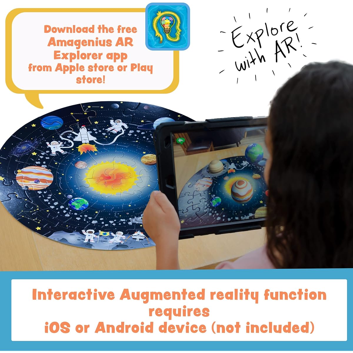 50-piece Solar System Puzzle Smart Technology Uses Augmented Reality to bring space to life Learn facts about space! Solar system design 60cm diameter Large pieces Ages 3+ Compatible device required