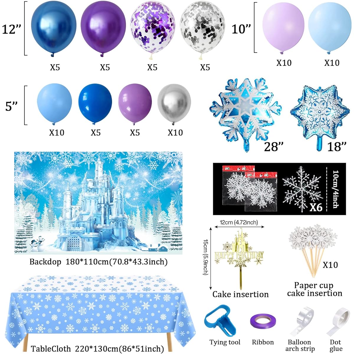 Ice Theme Party Decorations Snow Birthday Decorations Blue Purple Balloon Arch Kit Ice Snow Castle Photography Backdrop Banner Snowflake Tablecloth Girls Women Party Decorations