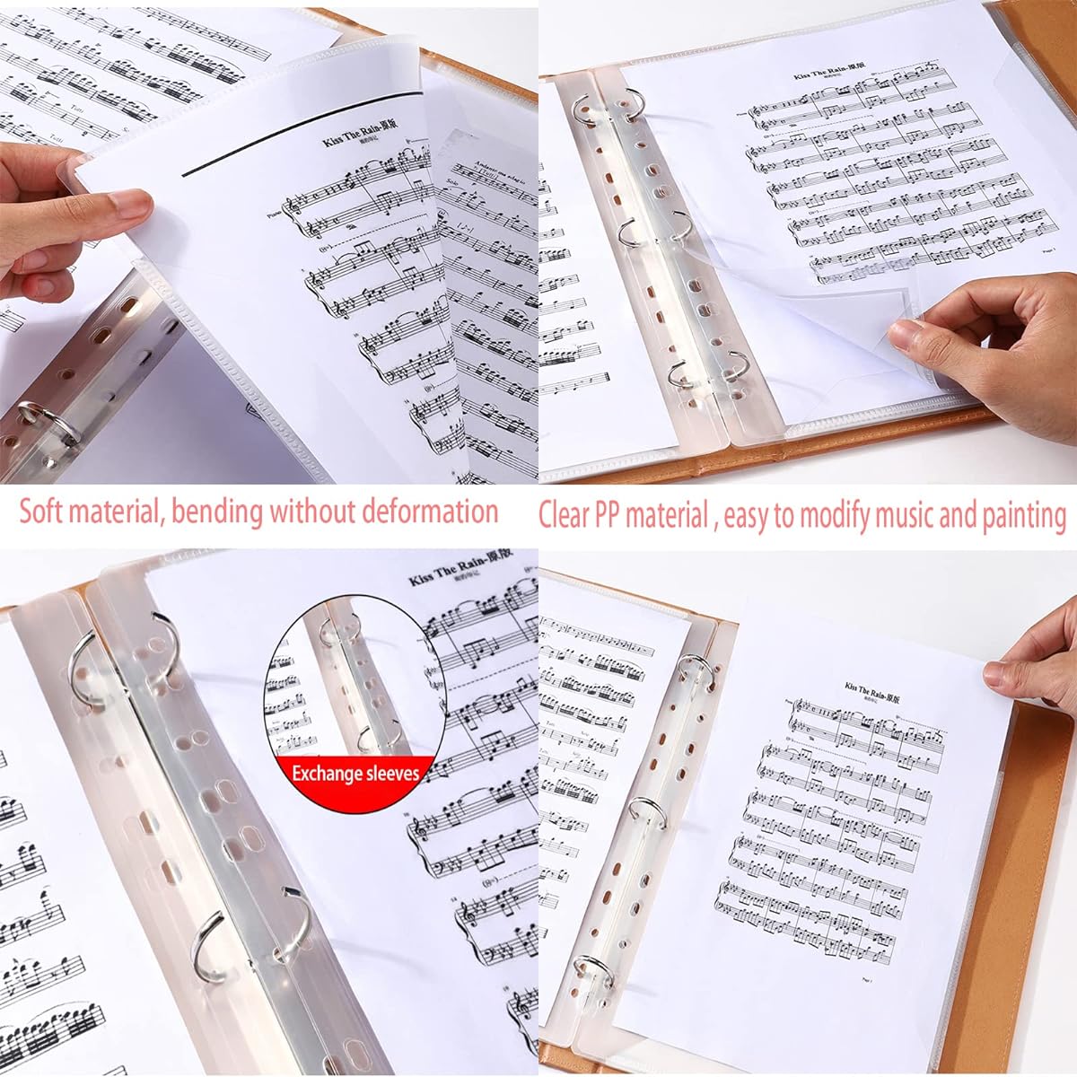 Music sheet folder, PU leather cover, sheet music folder storage, A4 size, 20 sleeves, 40 pages, writing, drawing, creating music and photo files, sleeve changeable, A3 sheet music storage possible