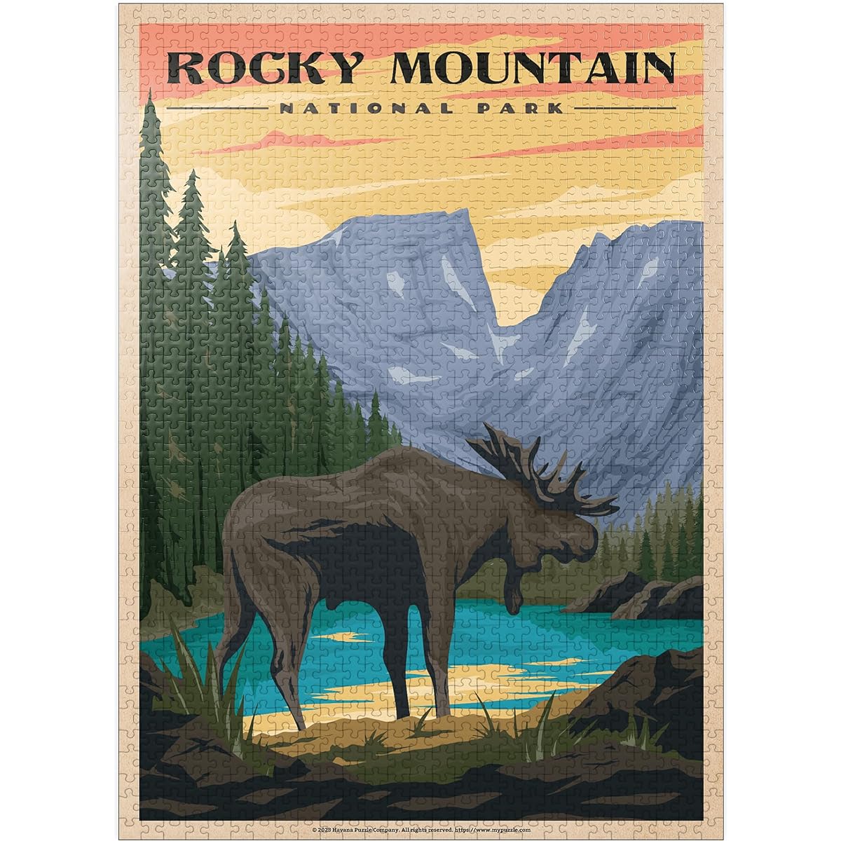 Rocky Mountain National Park - Moose at Rocky Sunrise Vintage Travel Poster - Premium 1000 Piece Jigsaw Puzzle for Adults