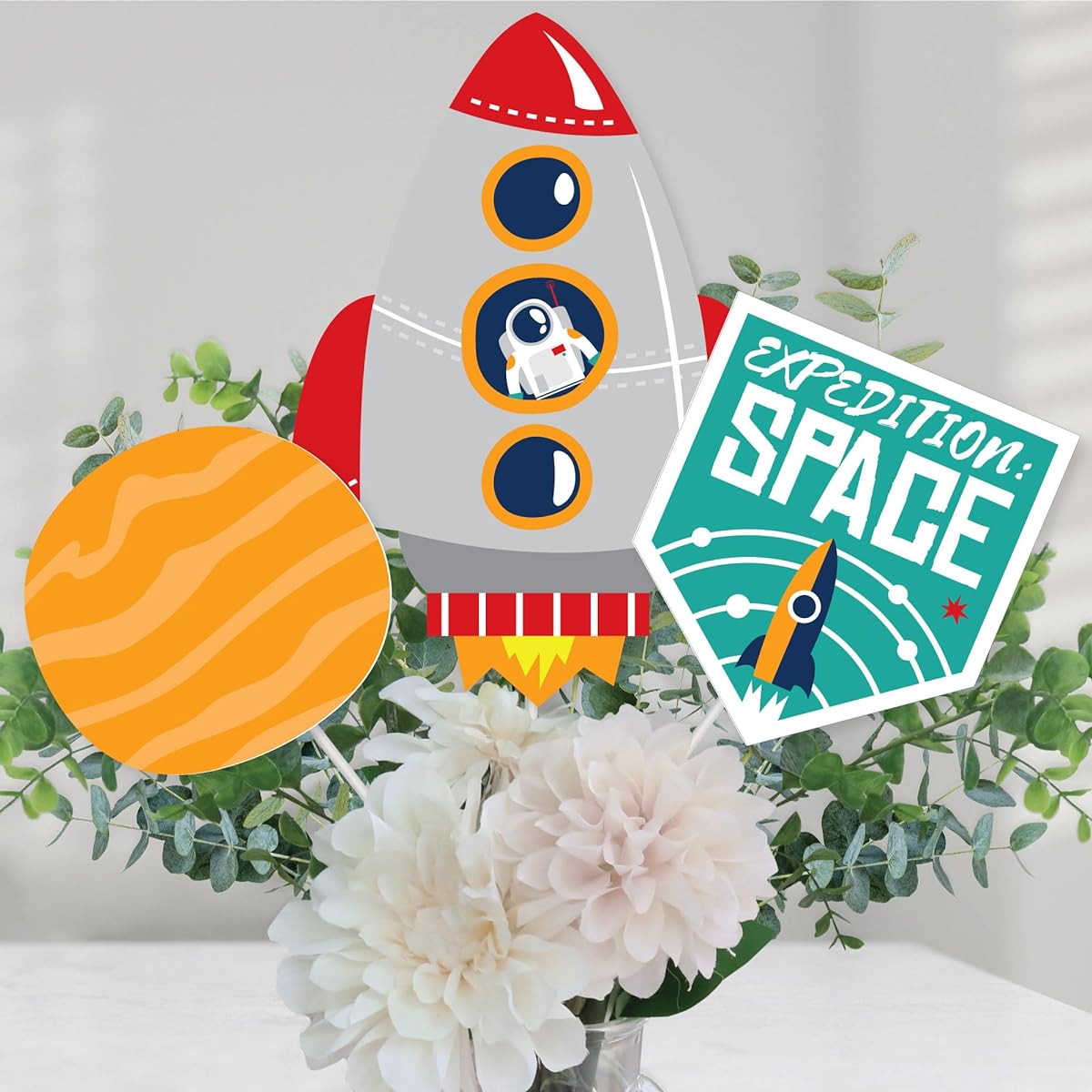 Fly to Space - Rocketship Baby Shower Birthday Party Centerpiece Sticks - Table Toppers - Set of 15