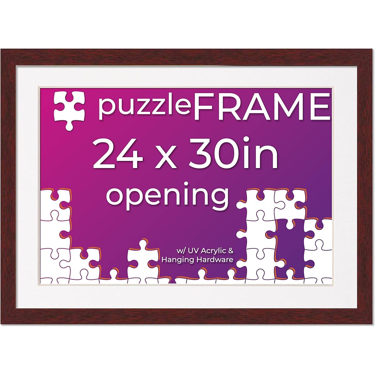 Jigsaw Puzzle Frame 24x30 Inch Wood Brown Puzzle Frame with Mat (White) Made to Display 24x30 Inch Puzzles UV Acrylic and Hanging Hardware Included