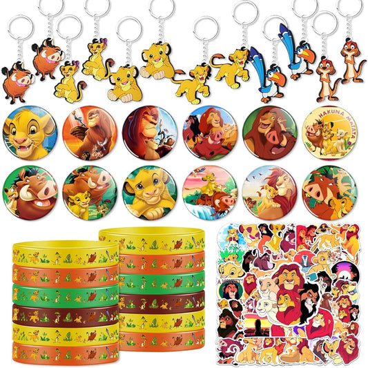 86pcs Cartoon Lion Party Favors Set Jungle Lion Silicone Bracelet Keychain Sticker Button Lion Theme Birthday Party Supplies Lion Goodie Bag Filler