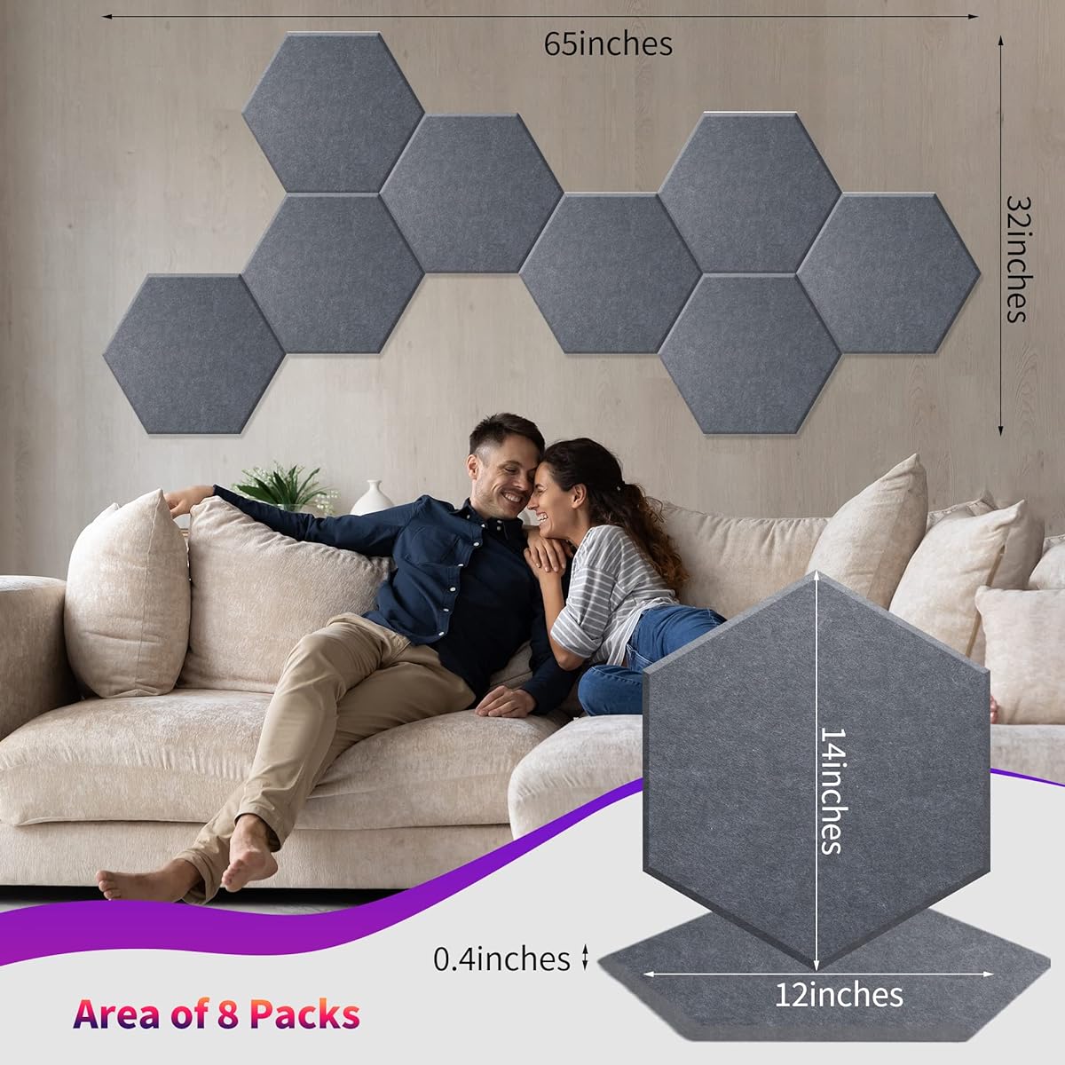 Mollywell Hexagon Acoustic Panels High Density Soundproofing Decorative Noise Reduction Felt Wall Tiles for Ceiling Home Office Game Room (Moon Gray) 14x12x0.4 Inch