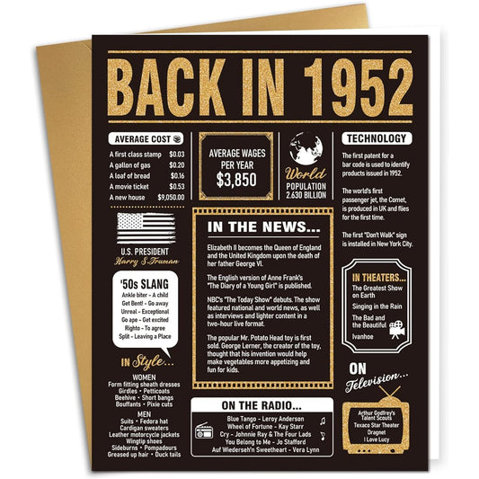 70th Birthday Gifts for Women and Men Jumbo 70th Birthday Card for Dad, Mom, Grandma, Gifts for 70 Year Old Woman, Happy Back in 1952 Birthday Card Gift