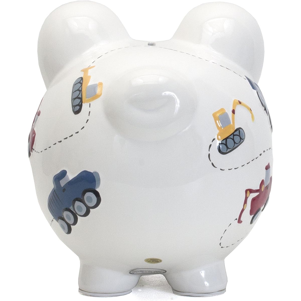 (White) - Child to Cherish Ceramic Piggy Bank, Construction Trucks, White