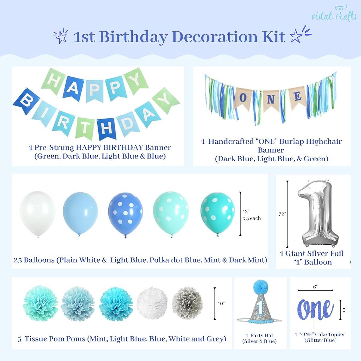 VIDAL CRAFTS 1st Birthday Boy Decorations Happy Bday Bunting Highchair Burlap Banner Tissue Pom Poms Balloons Cake Topper Party Hat First Birthday Supplies