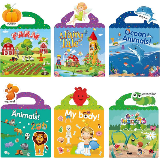 6 Sets Reusable Sticker Books for Toddlers 1-3 Stick on Window Static Sticker Books Princess Animals Sea Animals Frames Insects Body Stickers for Girls Boys Preschool Learning Toys