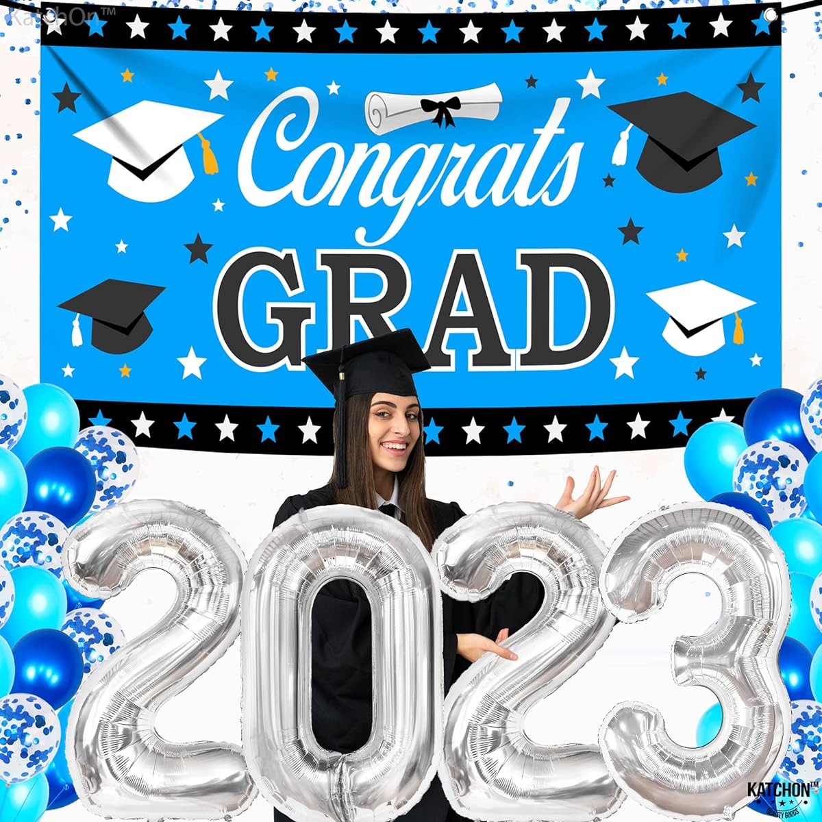 KatchOn Blue 2023 Balloon Graduation Banner Large Set of 30 Graduation Celebration Banners Blue and Silver Graduation Decorations 2023 Graduation Background Graduation Decorations 2023