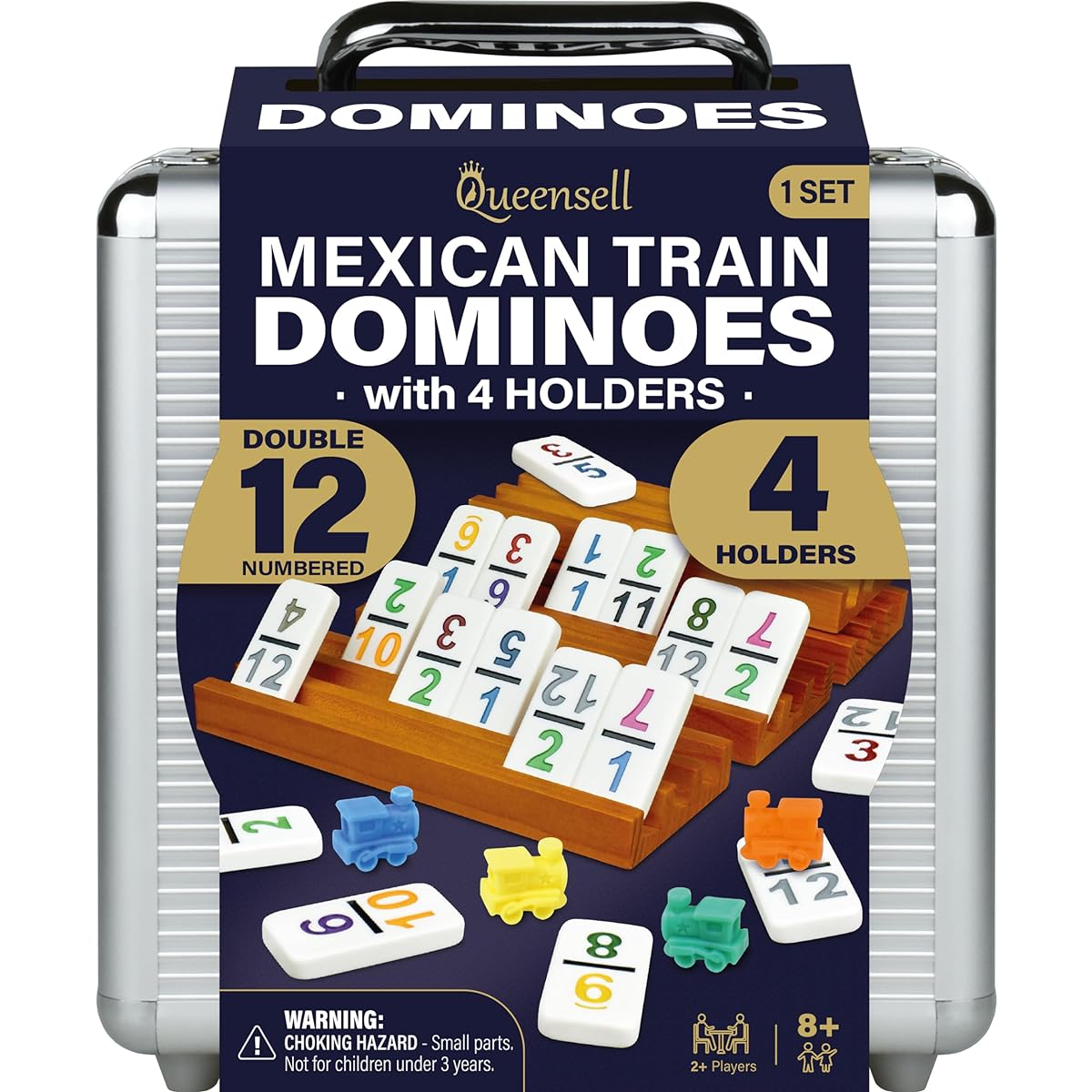 Queensell Mexican Train Domino Set with Numbers and 4 Holders Domino Tile Board Game