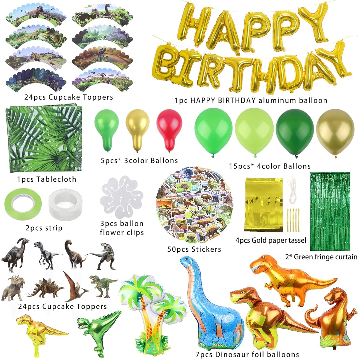 170pcs+ Dinosaur Birthday Party Decorations with Dinosaur Balloons, Happy Birthday Balloons Curtains Tablecloth Stickers Dinosaur Theme Party Kids Girls Boys Baby Shower Celebration