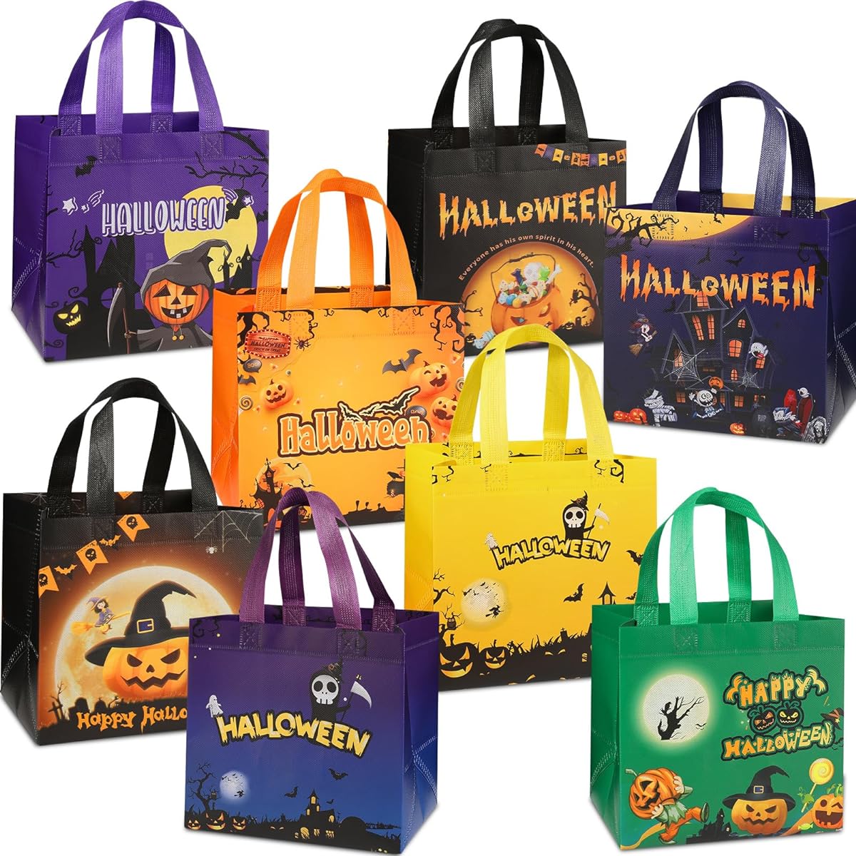 STYPOP Halloween Trick or Treat Bags 16 Pieces Small Halloween Tote Bag with Handle Gift Bag Multifunctional Non-Woven Halloween Bag Gift Wrapping/Trick or Treat/Halloween Party Supplies