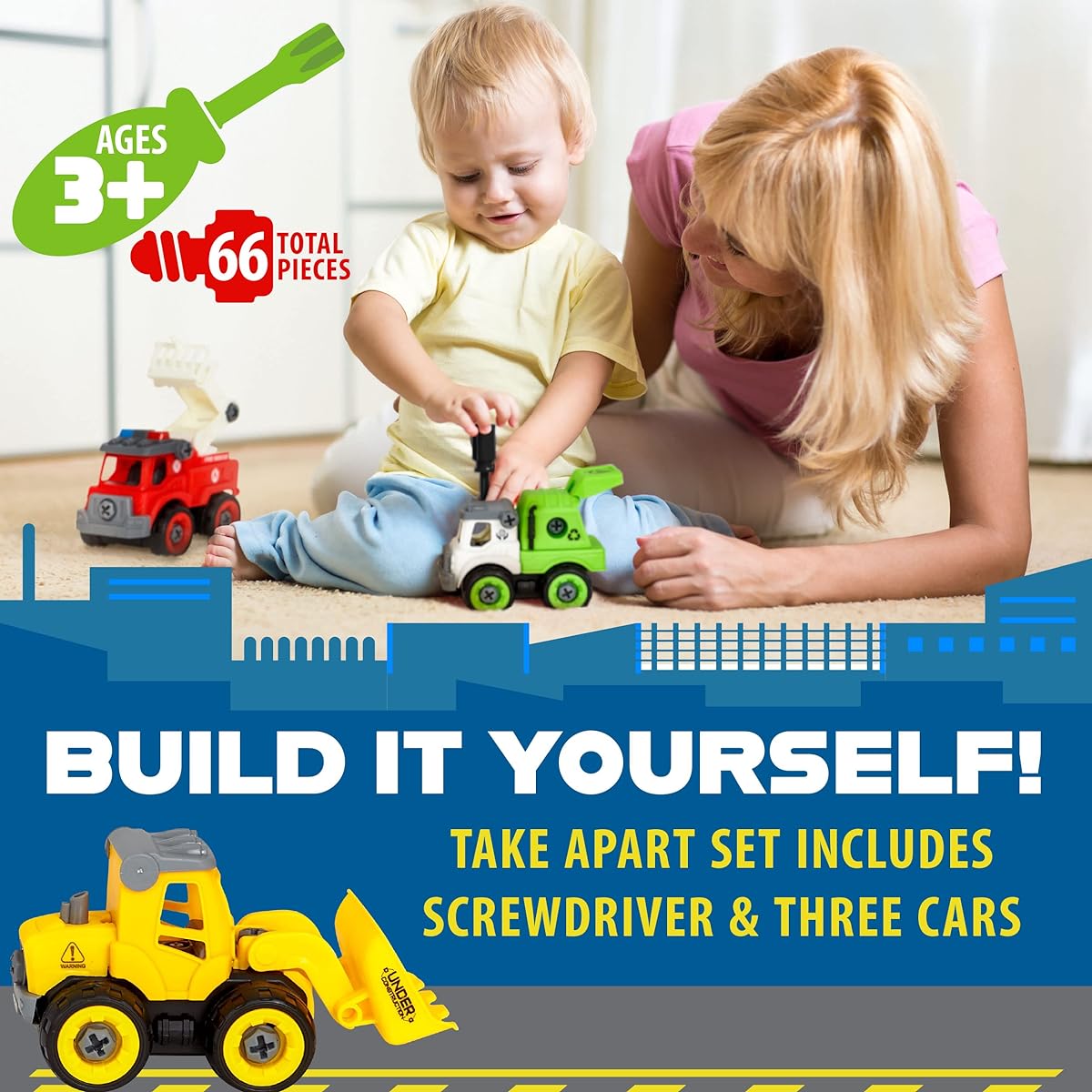 Flybar Power Gearz Take Apart Toy with Screwdriver and Screws - 3 Pack Truck Set for Boys and Girls - Fire Truck, Construction Truck, Garbage Truck Vehicle Set for Kids Ages 3-5