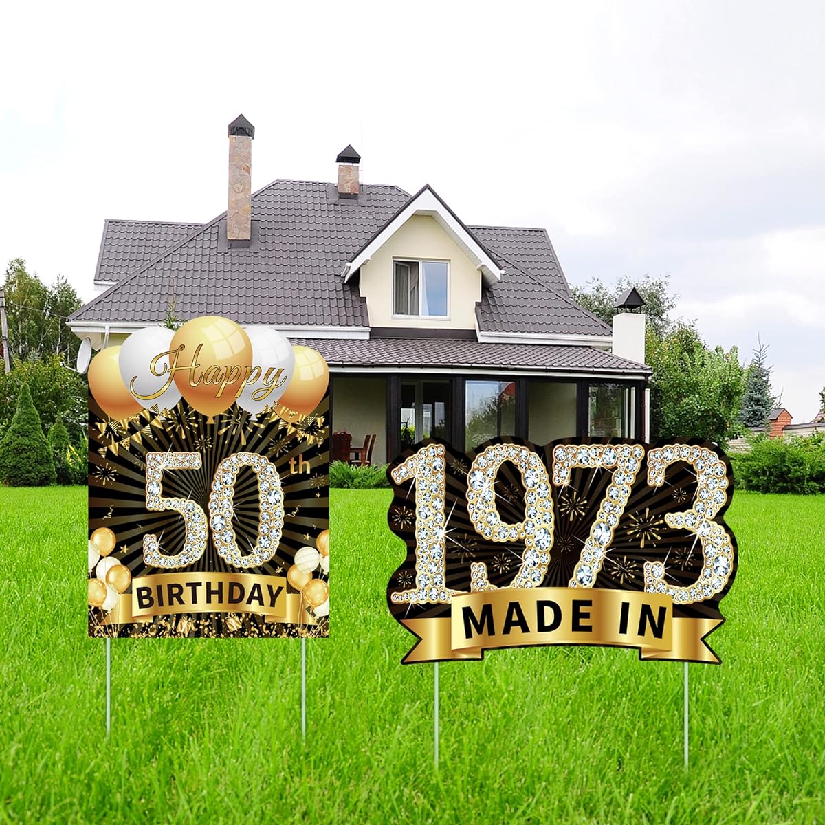 50th Birthday Yard Sign Decorations - Happy 50th Birthday Yard Sign and Made in 1973 Lawn Signs, Funny Yard Signs, Outdoor Party Supplies with Stakes for Men and Women, Backyard Decorations, Black Gold