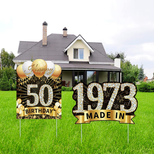 50th Birthday Yard Sign Decorations - Happy 50th Birthday Yard Sign and Made in 1973 Lawn Signs, Funny Yard Signs, Outdoor Party Supplies with Stakes for Men and Women, Backyard Decorations, Black Gold
